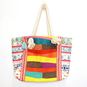 Casey Key Beaded Cotton Boho Bright Rainbow Multicolor Rope Tote Bag Purse
